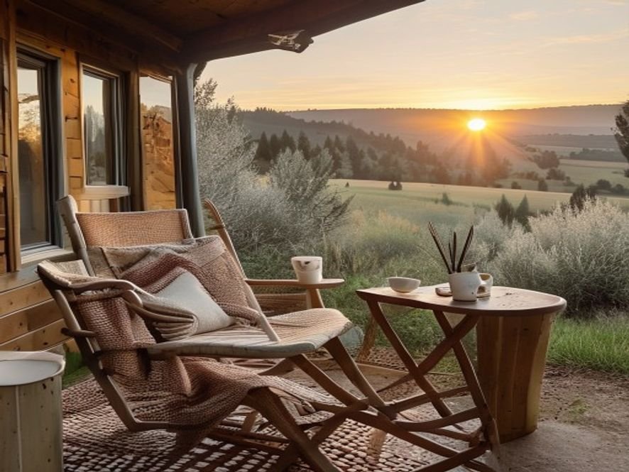 A private cabin porch in the morning light in North Portugal