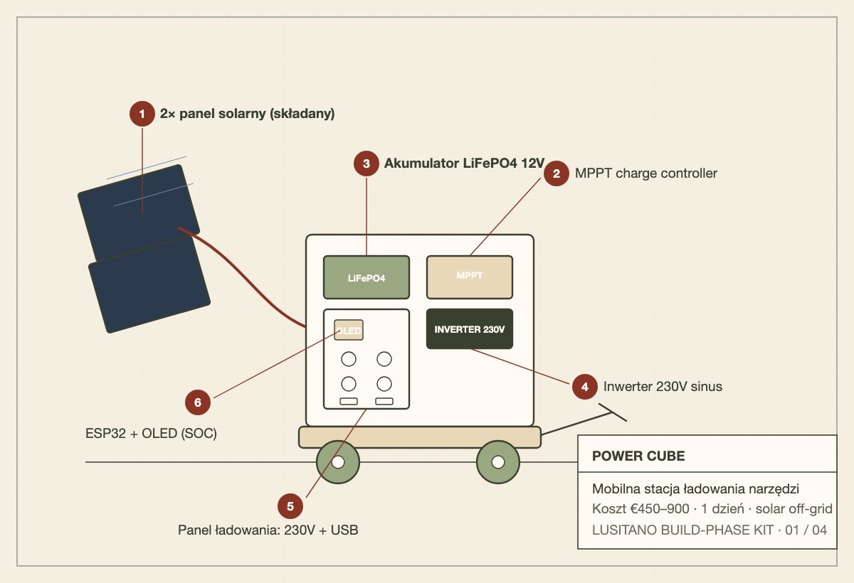 Build schematic of the Power Cube mobile solar tool-charging station