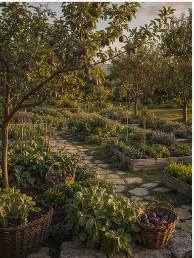 Orchard, herbs, vegetables, and edible landscape concept
