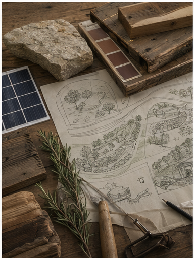 Reclaimed materials, planting plans, water systems, and solar collaboration mood