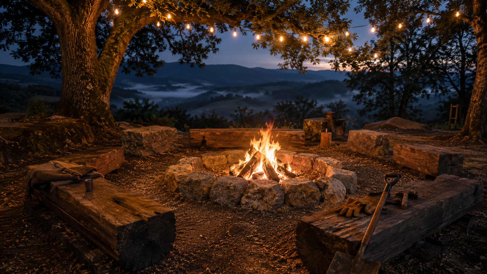 Hóspedes reunidos à volta do círculo de fogo ao entardecer