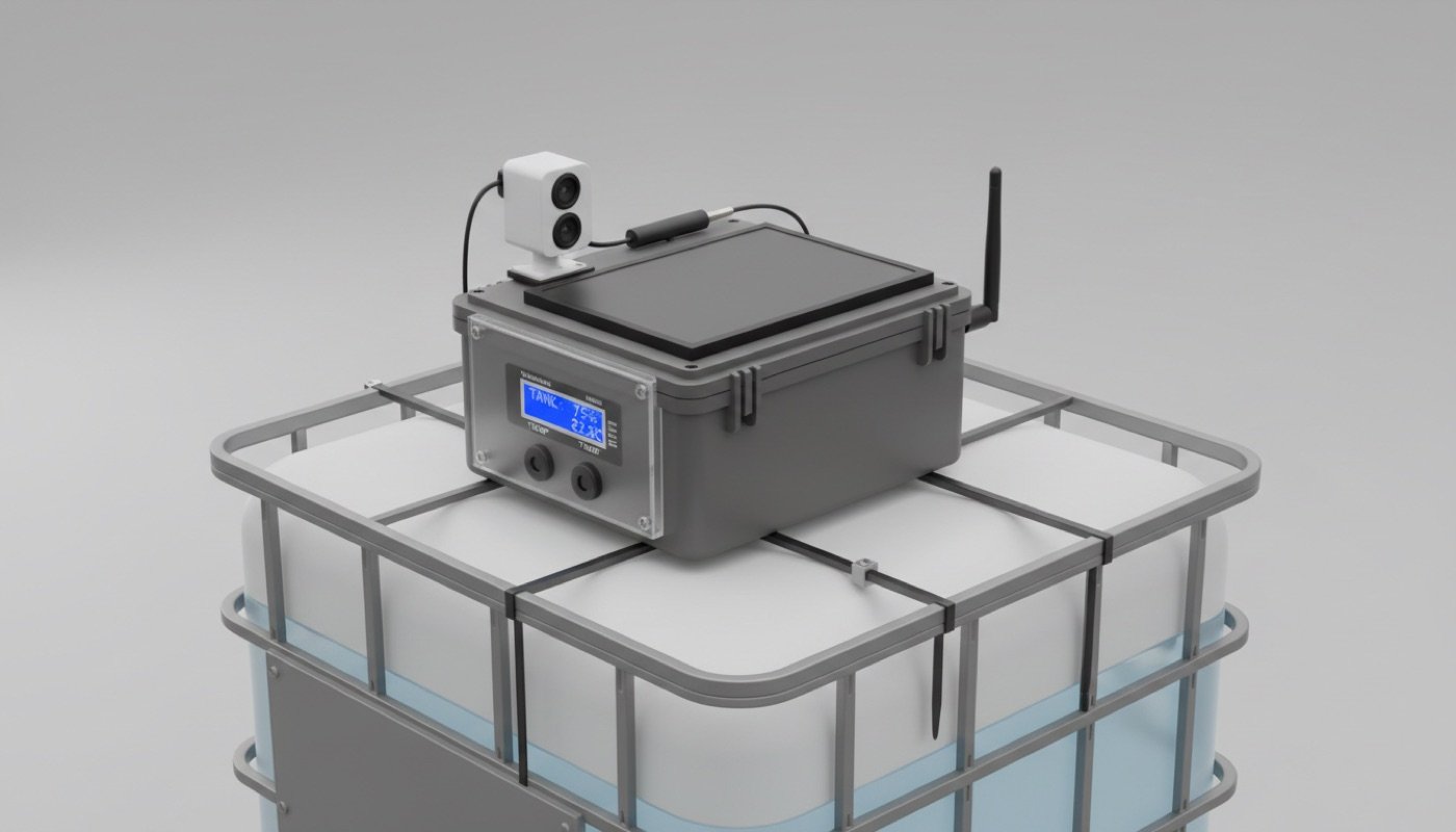 AI render of a solar-powered monitoring unit mounted on a 1000-litre IBC rainwater tank